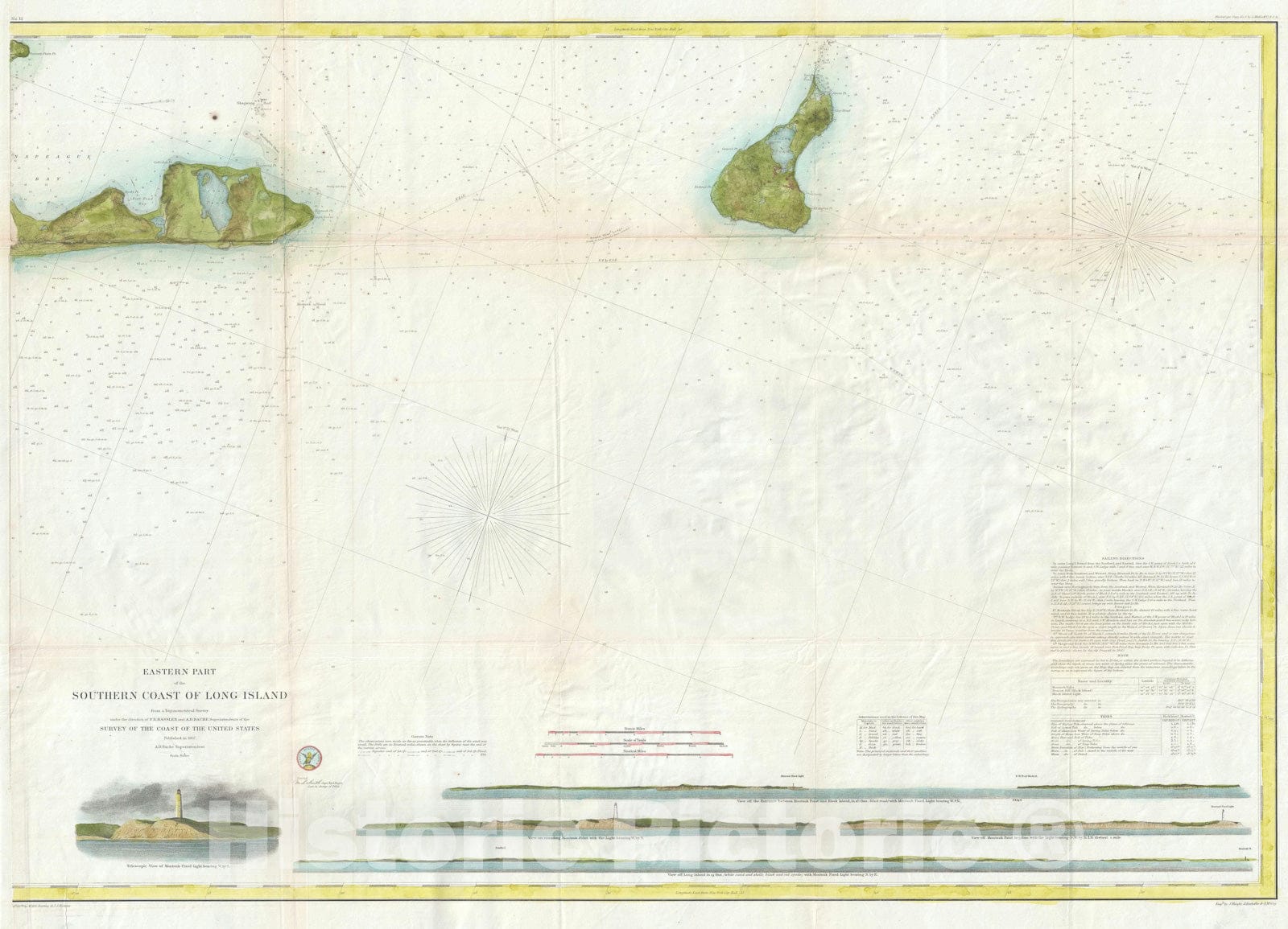 Historic Map : Montauk and Block Island, New York, U.S. Coast Survey, 1857, Vintage Wall Art