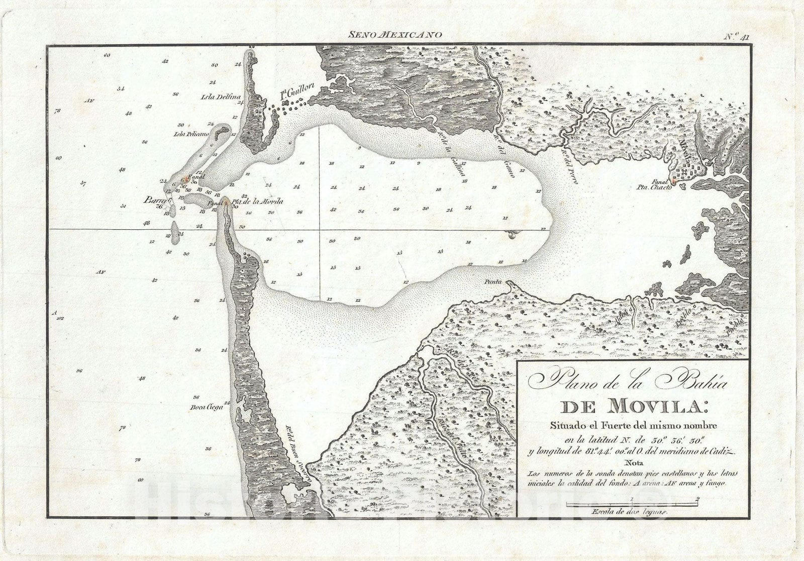 Historic Map : Plan of Mobile Bay, Alabama, Direccion Hidrografico, 1808, Vintage Wall Art
