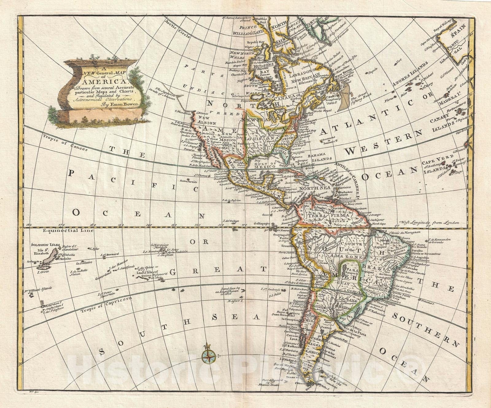 Historic Map : North America and South America, Bowen, 1747, Vintage Wall Art