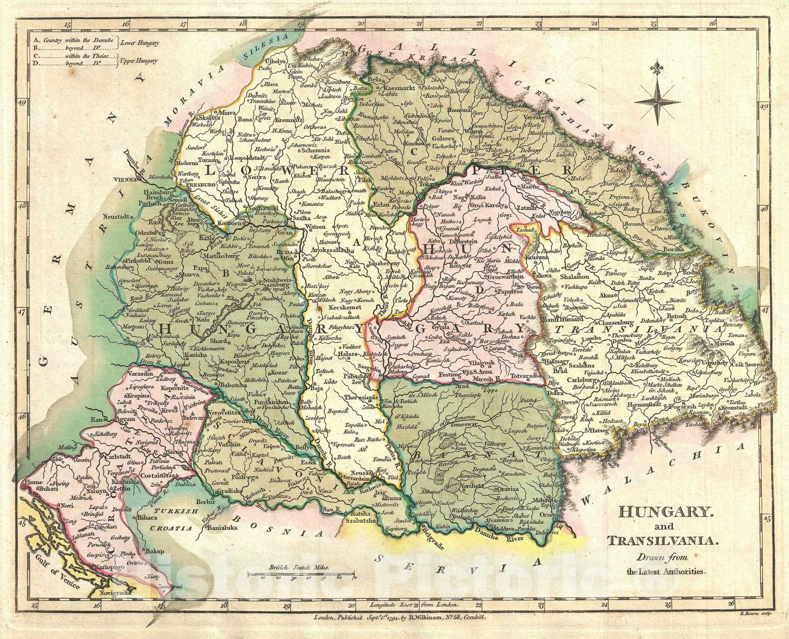 Historic Map : Hungary and Transylvania, Wilkinson, 1794, Vintage Wall Art