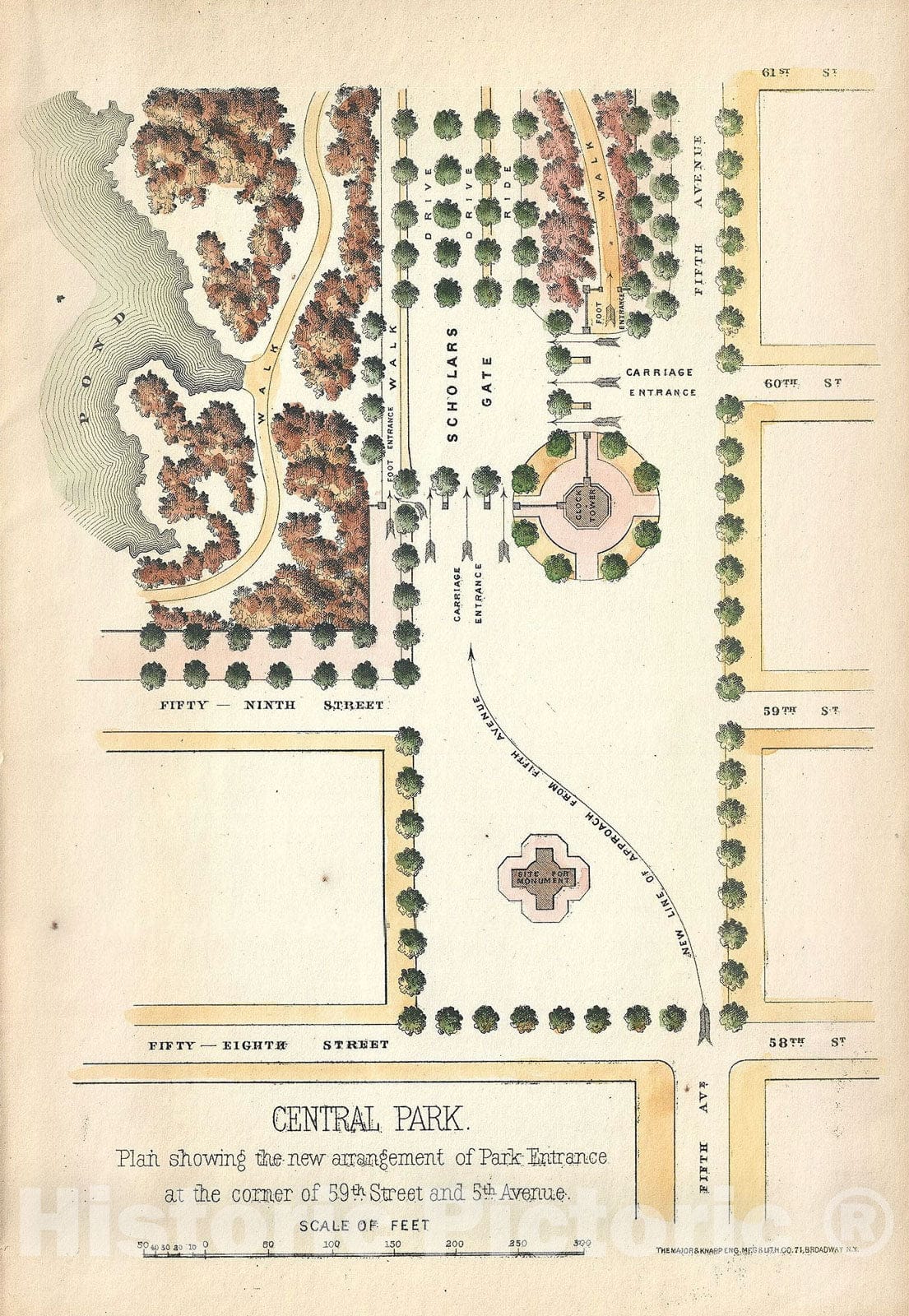 Historic Map : The Southeast Corner of Central Park "Grand Army Plaza", New York Ci, Vaux and Olmstead, 1867, Vintage Wall Art