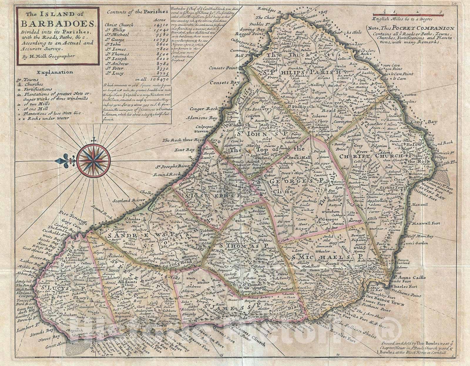 Historic Map : Barbados, Herman Moll, 1736, Vintage Wall Art