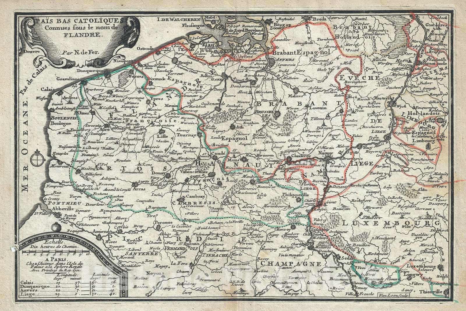 Historic Map : Flanders "Belgium, Luxembourg, Holland", De Fer, 1701, Vintage Wall Art