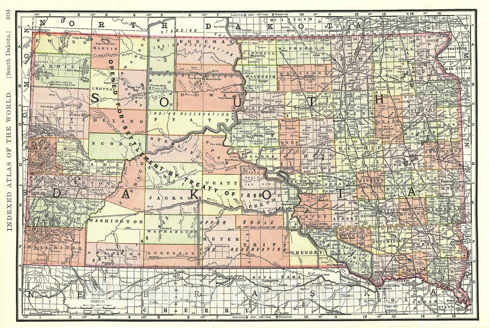 Historic Map : South Dakota, Rand McNally, 1891, Vintage Wall Art