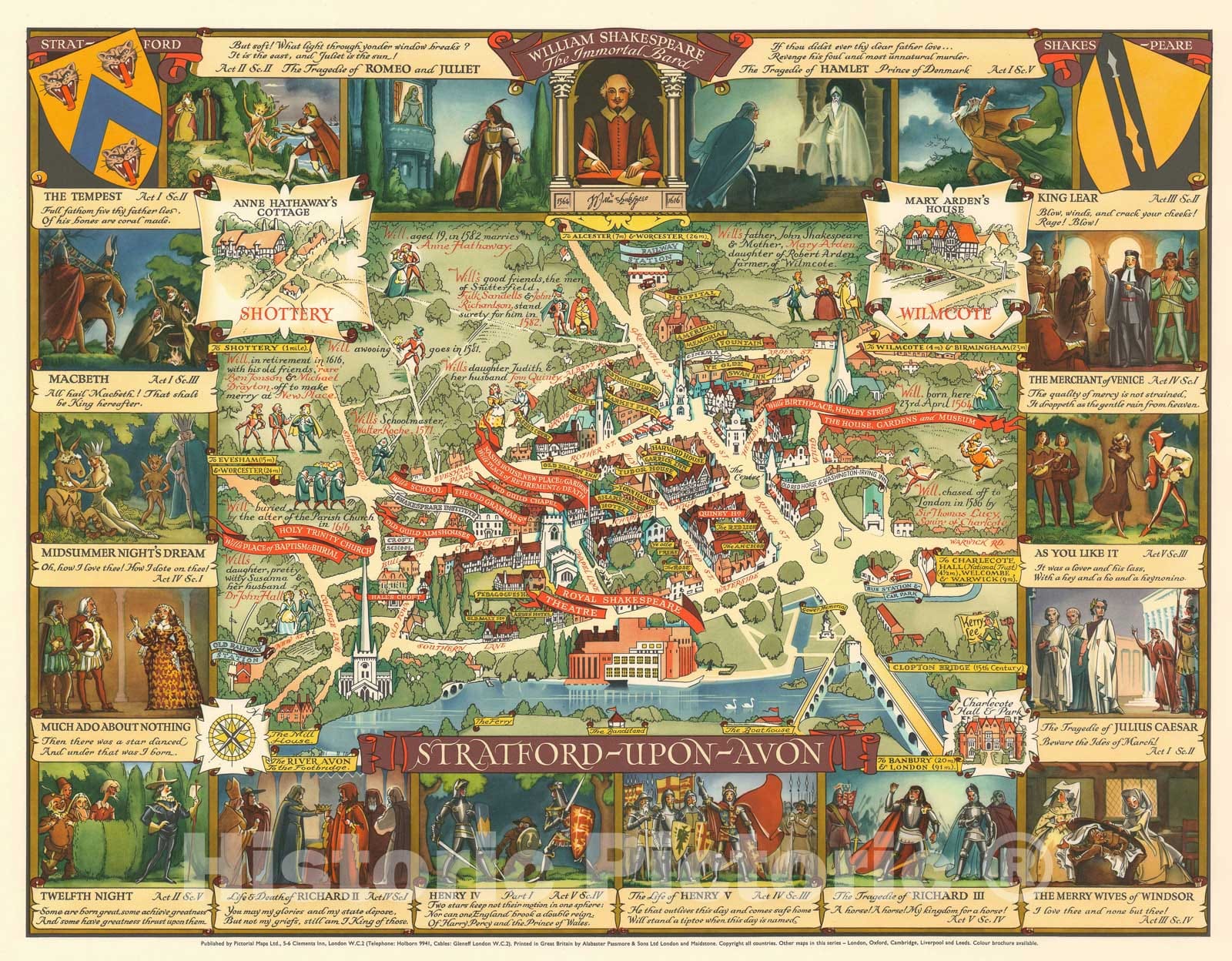 Historic Map : Kerry Lee Pictorial Map of Stratford-upon-Avon, England, 1948, Vintage Wall Art