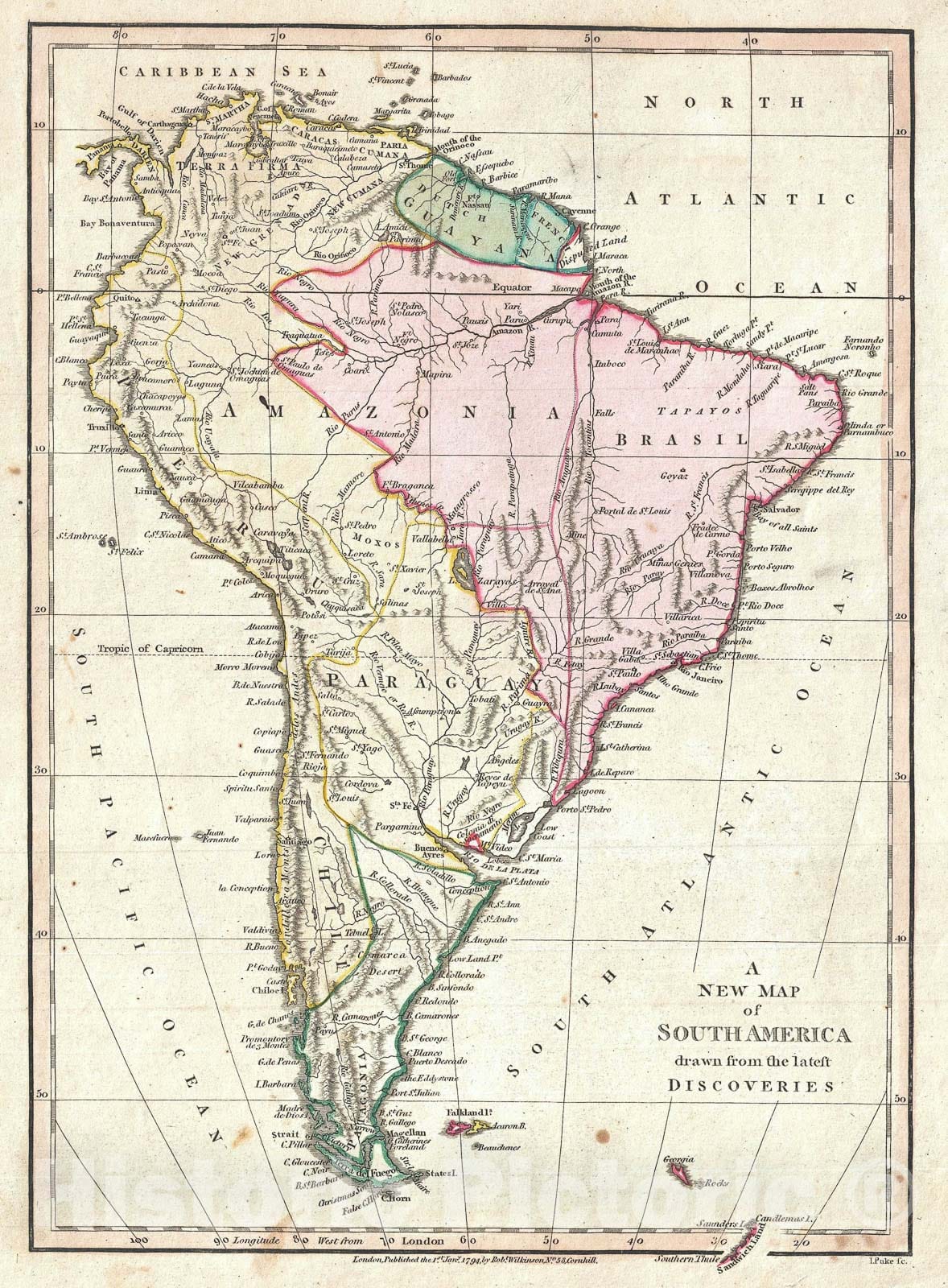 Historic Map : South America, Wilkinson, 1794, Vintage Wall Art