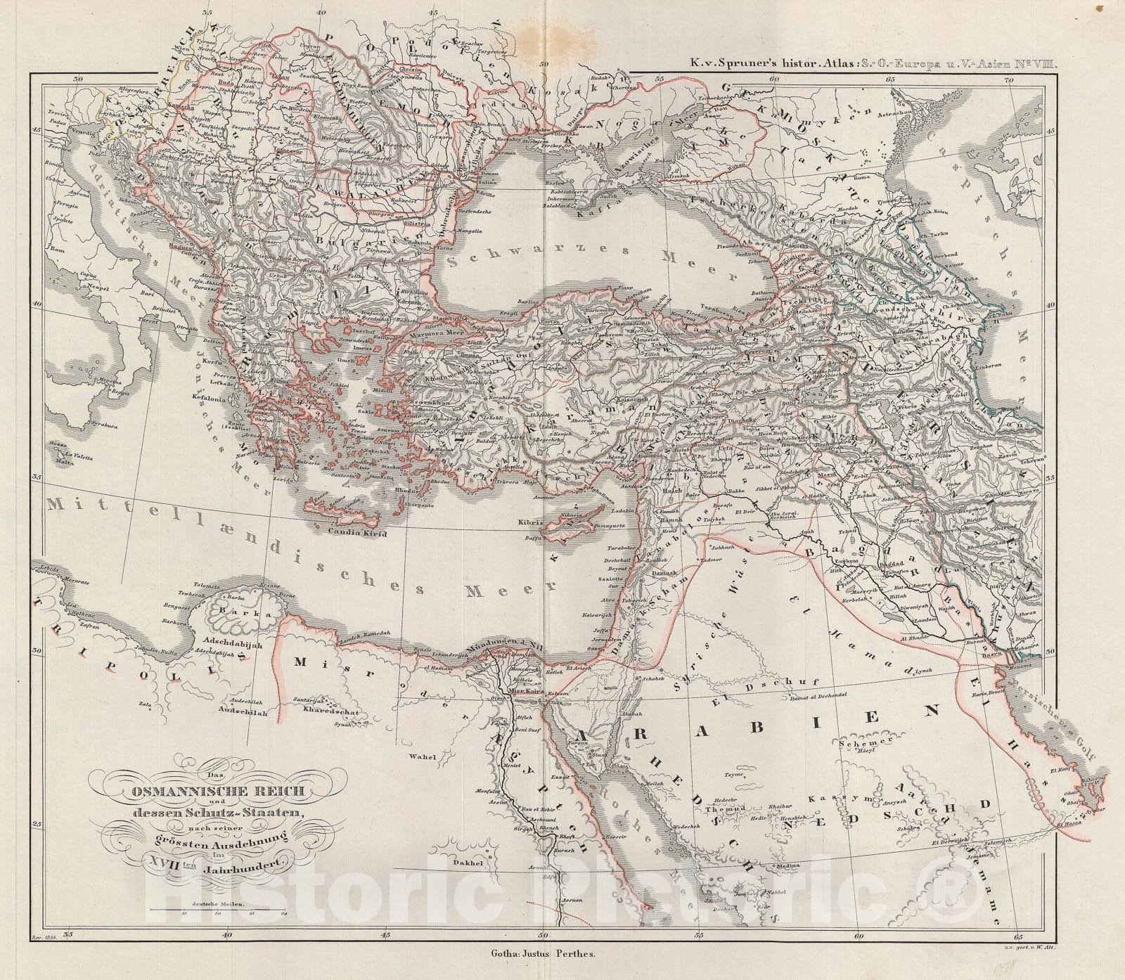 Historic Map : The Ottoman Empire after The 17th century, Spruner, 1854, Vintage Wall Art