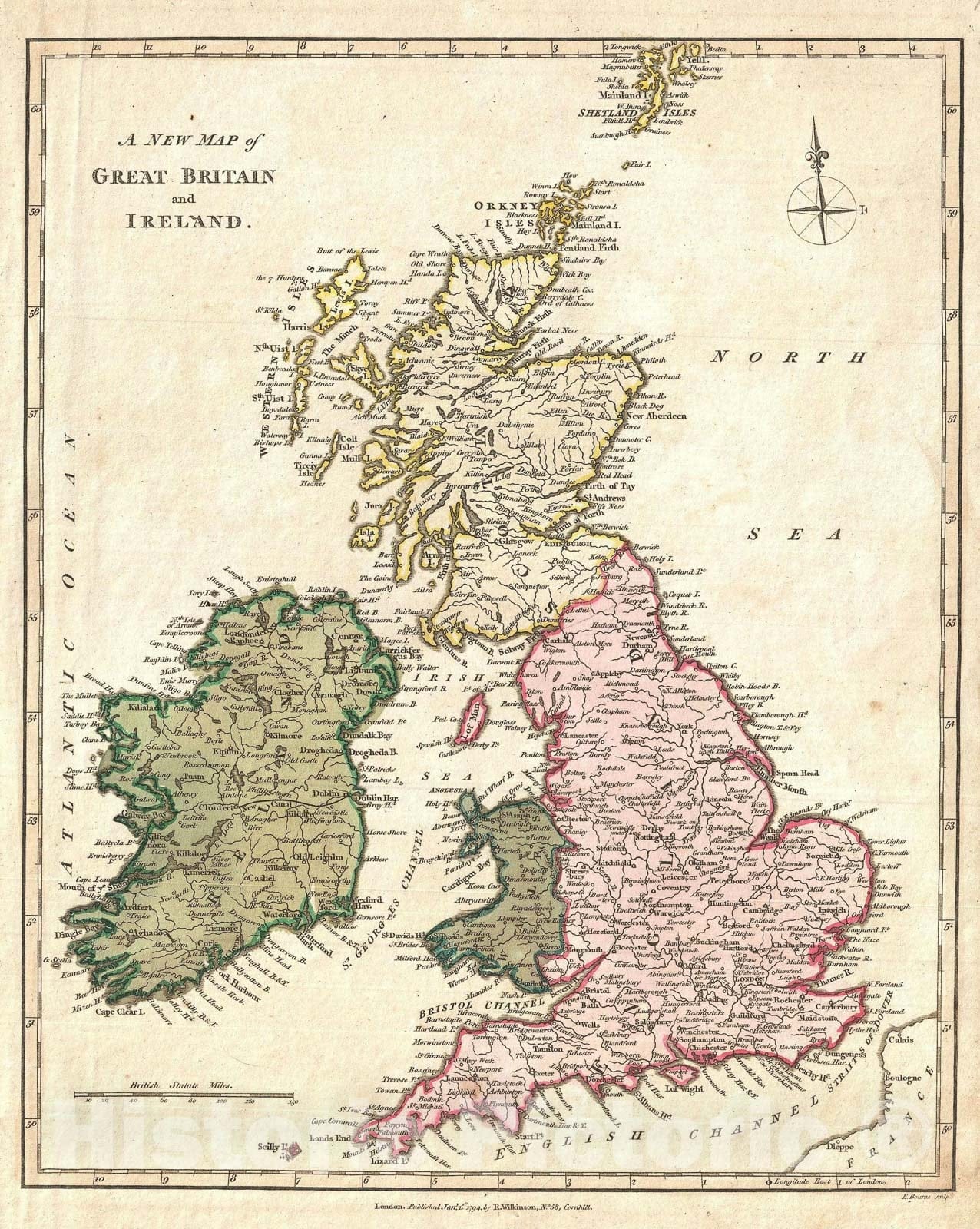 Historic Map : The British Isles "England, Scotland, Ireland", Wilkinson, 1794, Vintage Wall Art