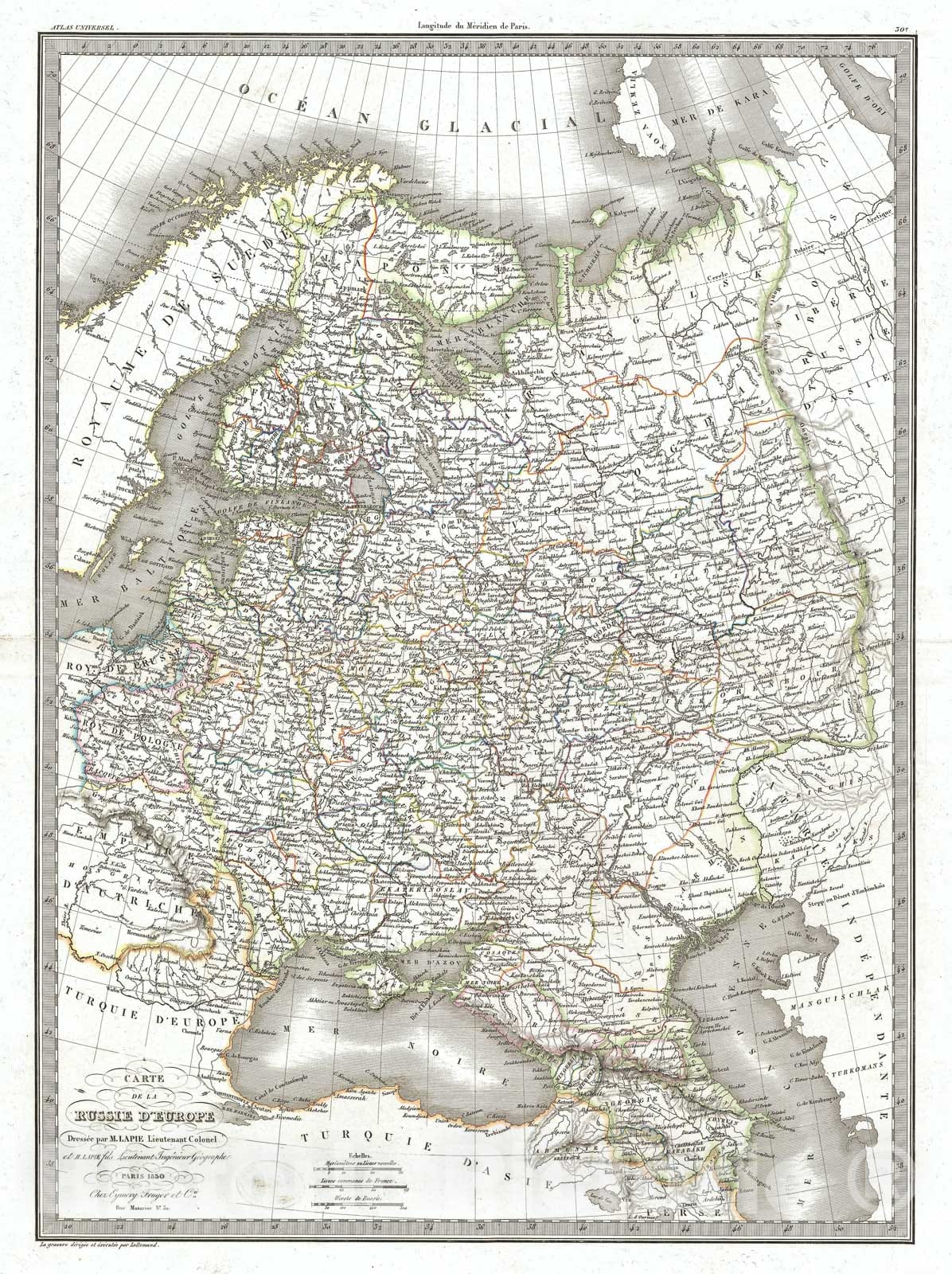 Historic Map : European Russia, Lapie, 1830, Vintage Wall Art