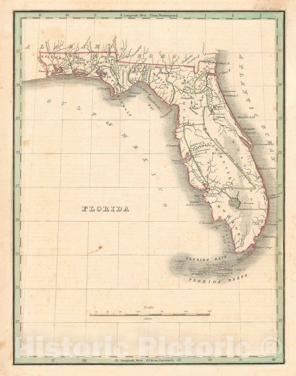 Historic Map : Florida - w/ ephemeral Seminole Reservation, BraArtd, 1835, Vintage Wall Art