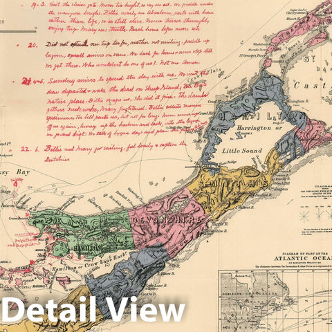 Historic Map : Bermuda Recording a 1921 Visit in Manuscript, Stanford, 1880, Vintage Wall Art