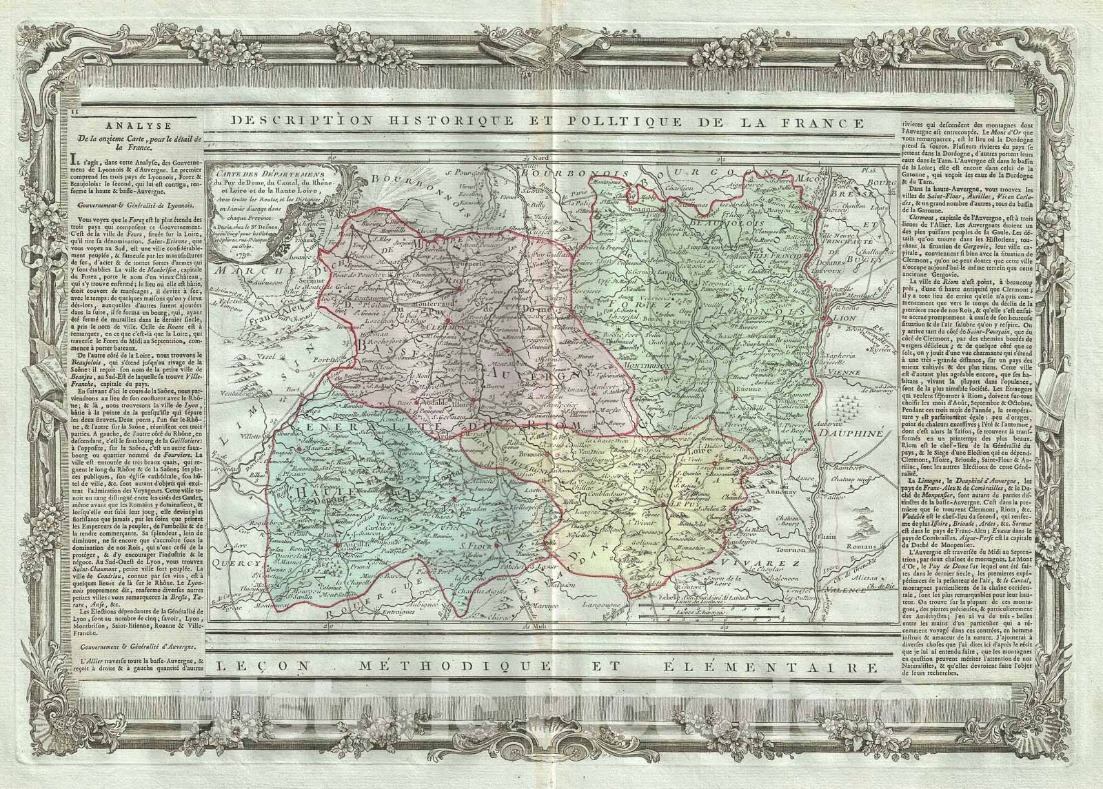 Historic Map : The Auvergne and Rhone-Alpes Regions of France, Desnos, 1786, Vintage Wall Art