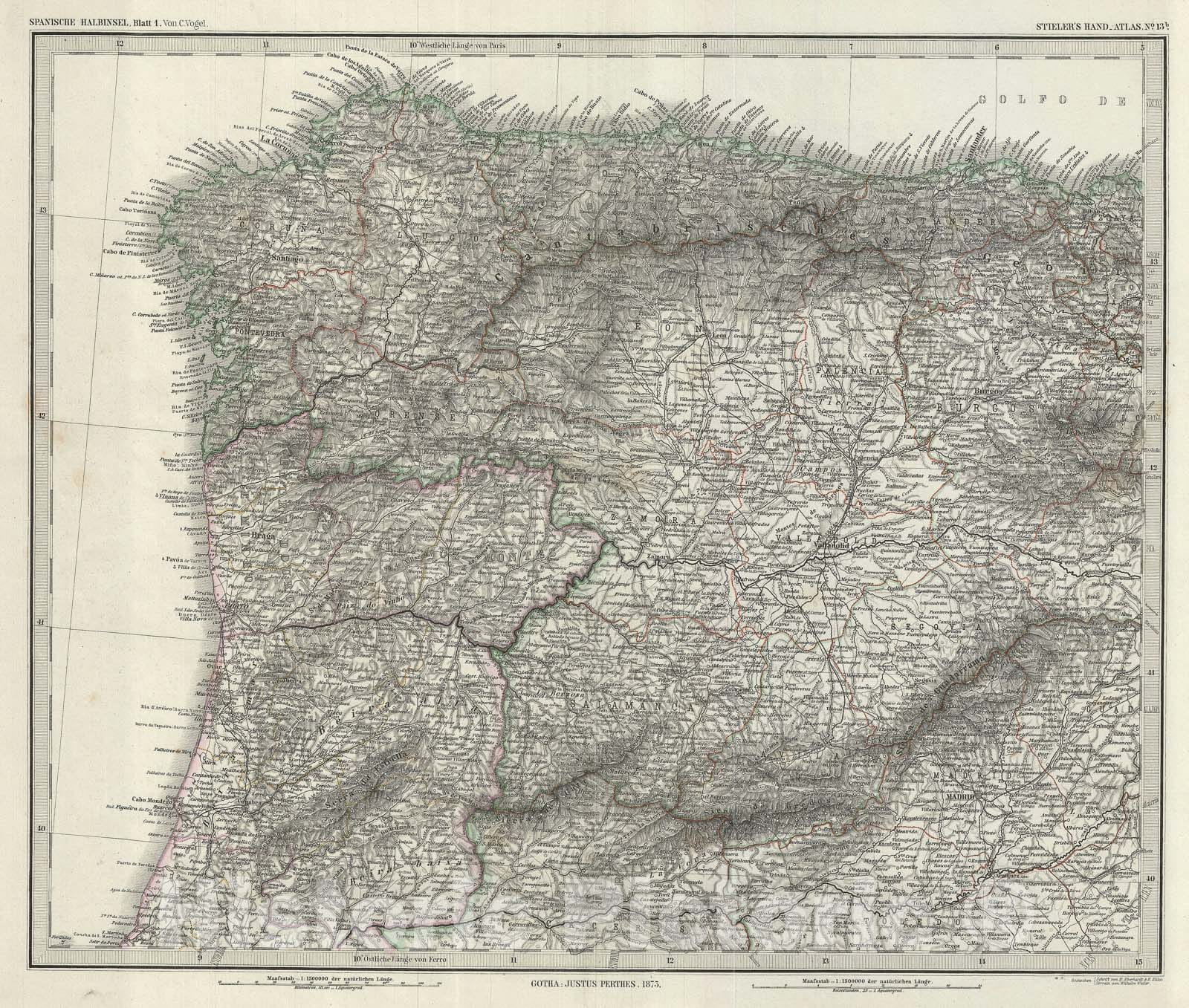 Historic Map : Northwest Spain and Portugal, Stieler, 1873, Vintage Wall Art