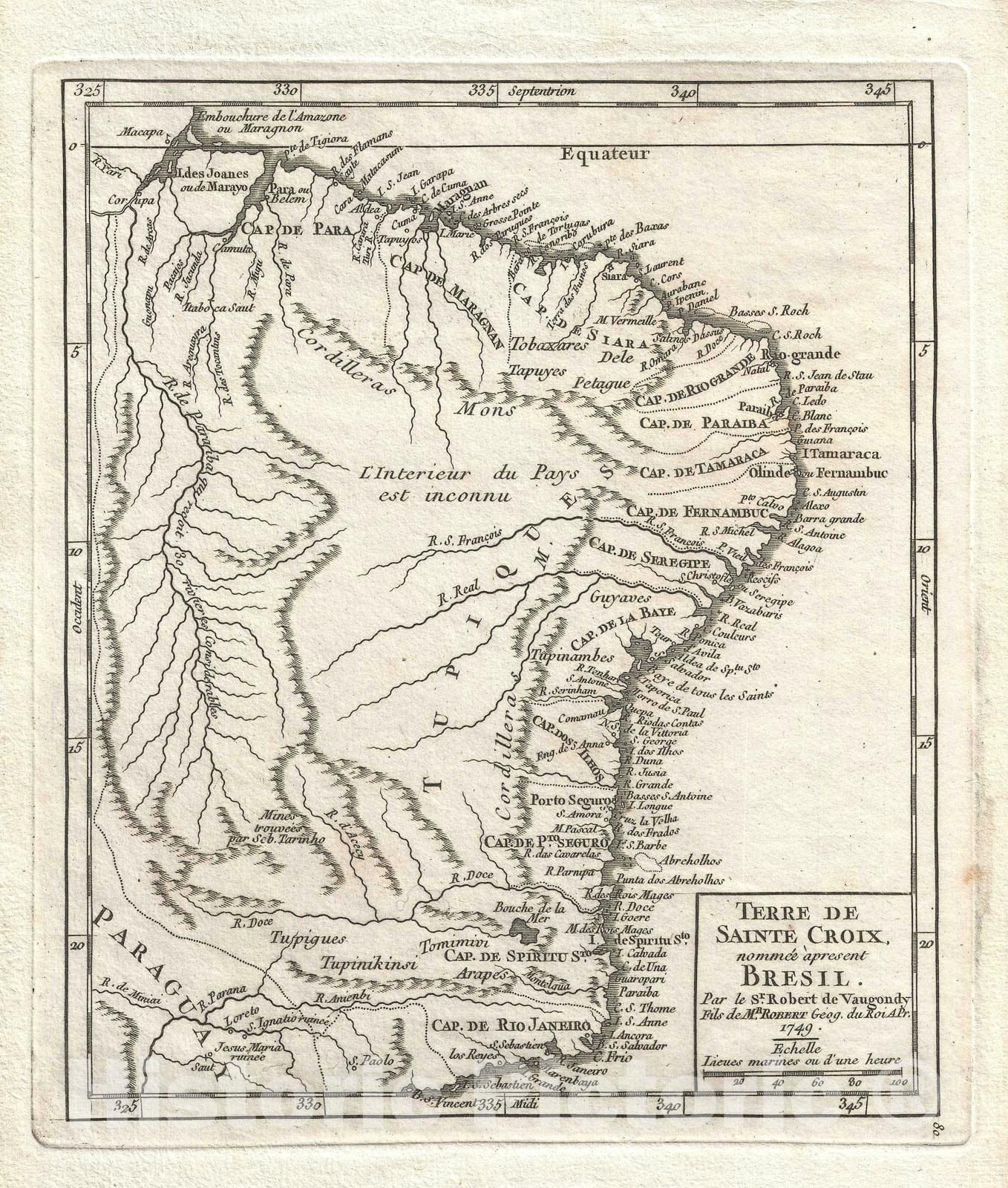 Historic Map : Brazil, Vaugondy, 1749, Vintage Wall Art