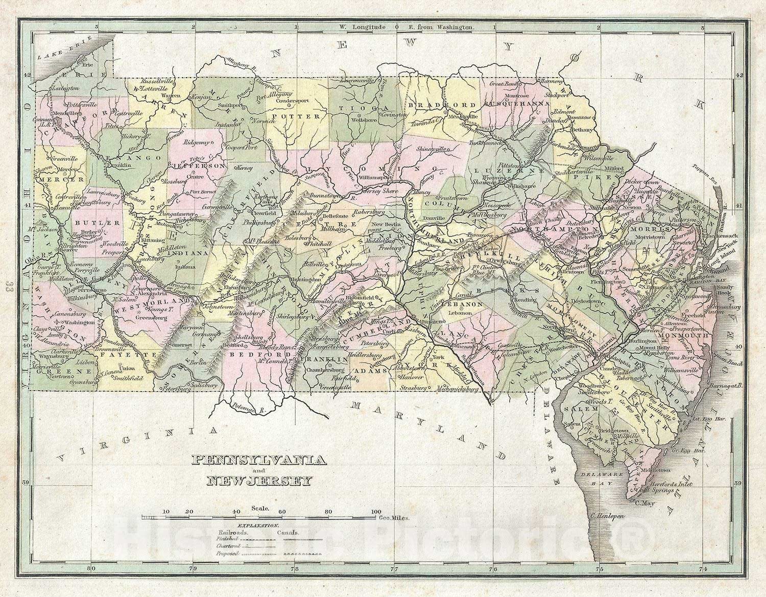 Historic Map : Pennsylvania and New Jersey, BraArtd, 1835, Vintage Wall Art
