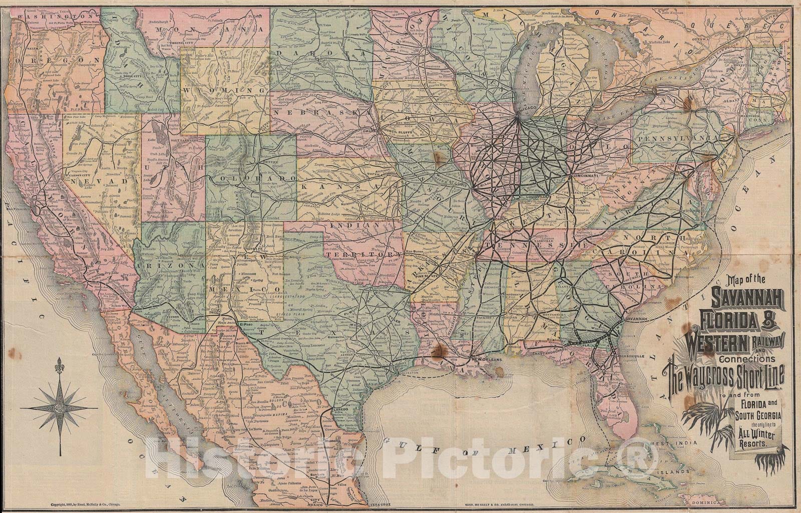 Historic Map : The Savannah, Florida and Western Railway, Rand McNally Railroad, 1883, Vintage Wall Art