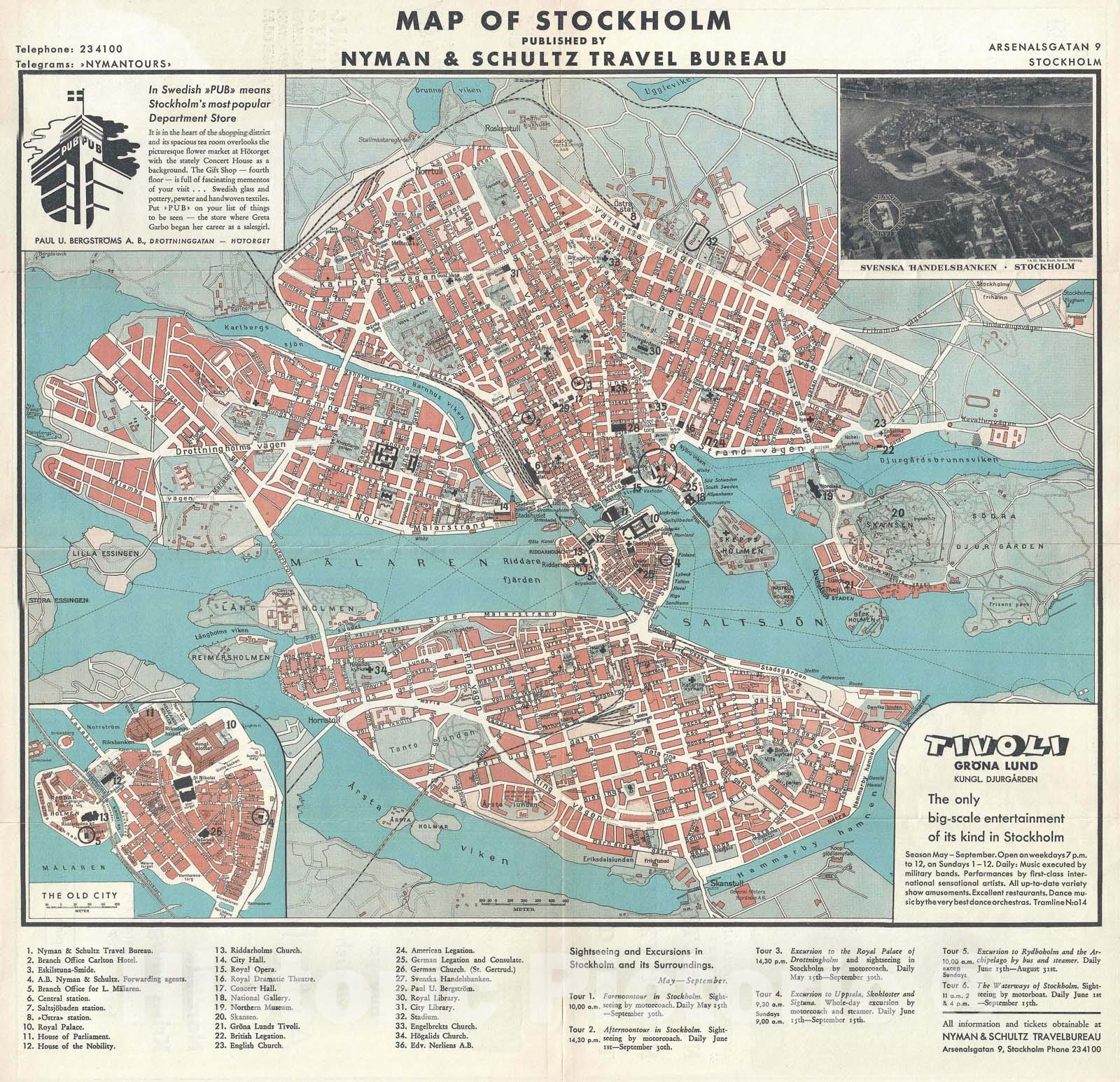 Historic Map : Plan of Stockholm, Sweden, Nyman and Schultz, 1935, Vintage Wall Art