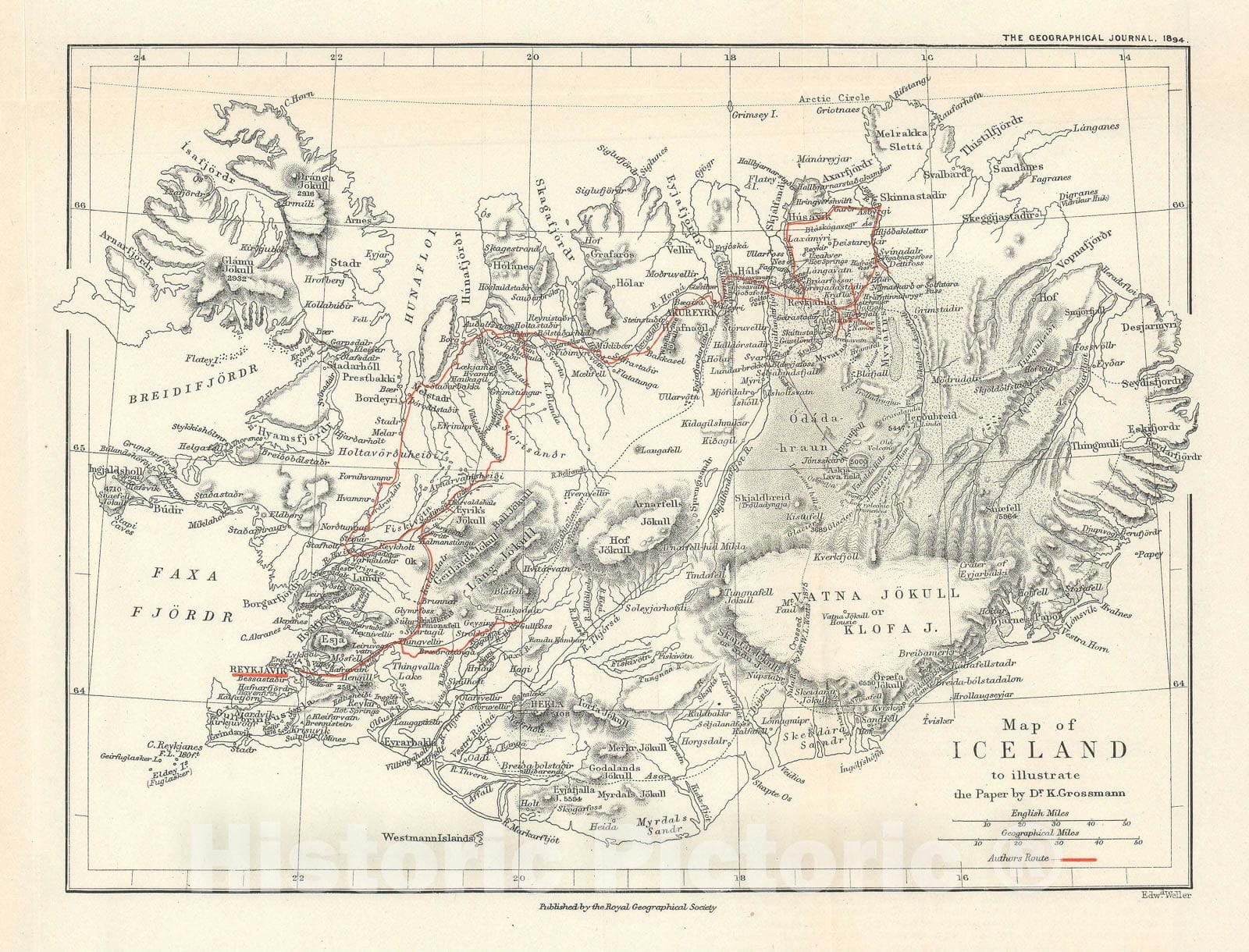 Historic Map : Iceland, Weller, 1894, Vintage Wall Art