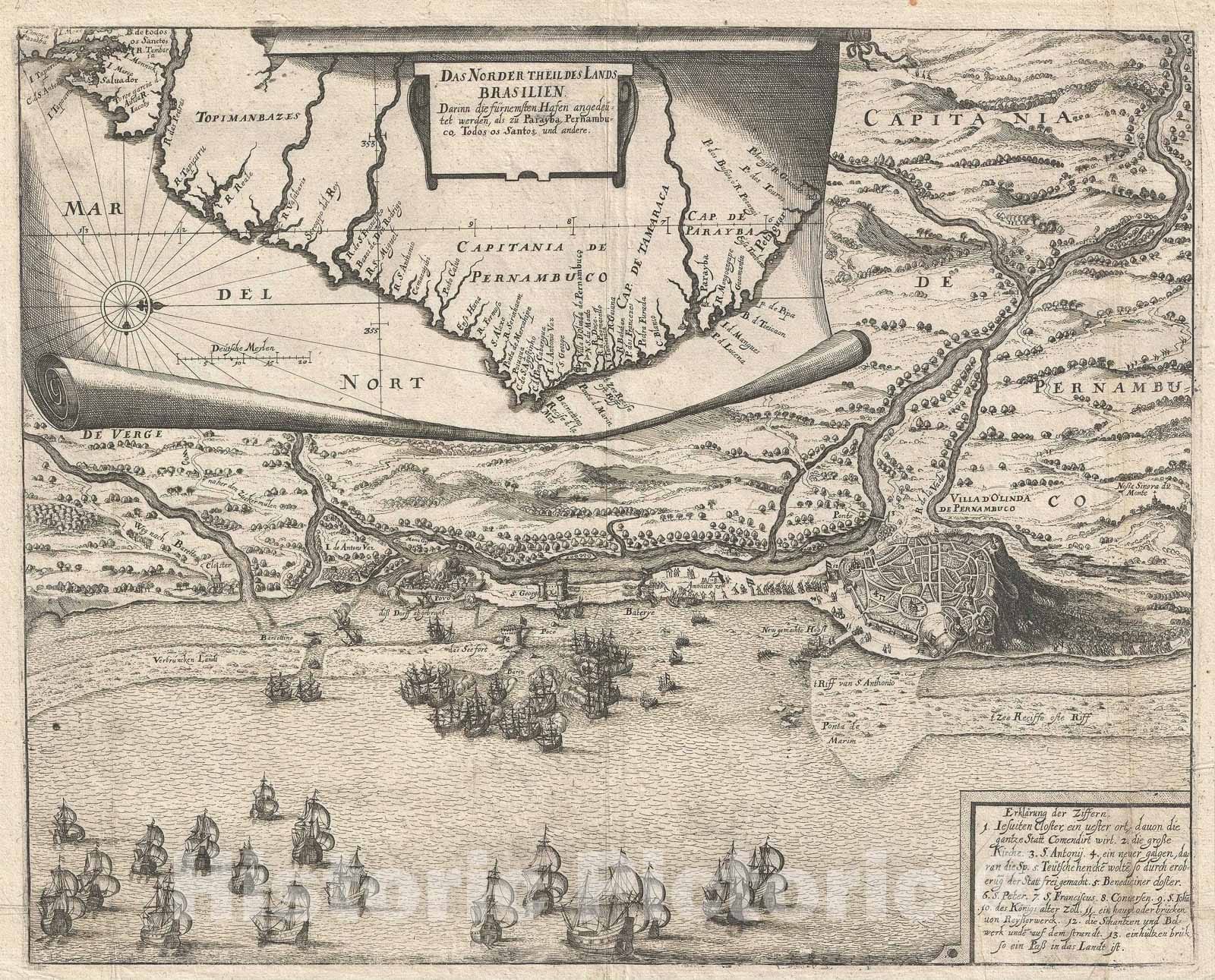 Historic Map : Coast of Brazil and View of Olinda and Recife, Brazil, Merian, 1655, Vintage Wall Art
