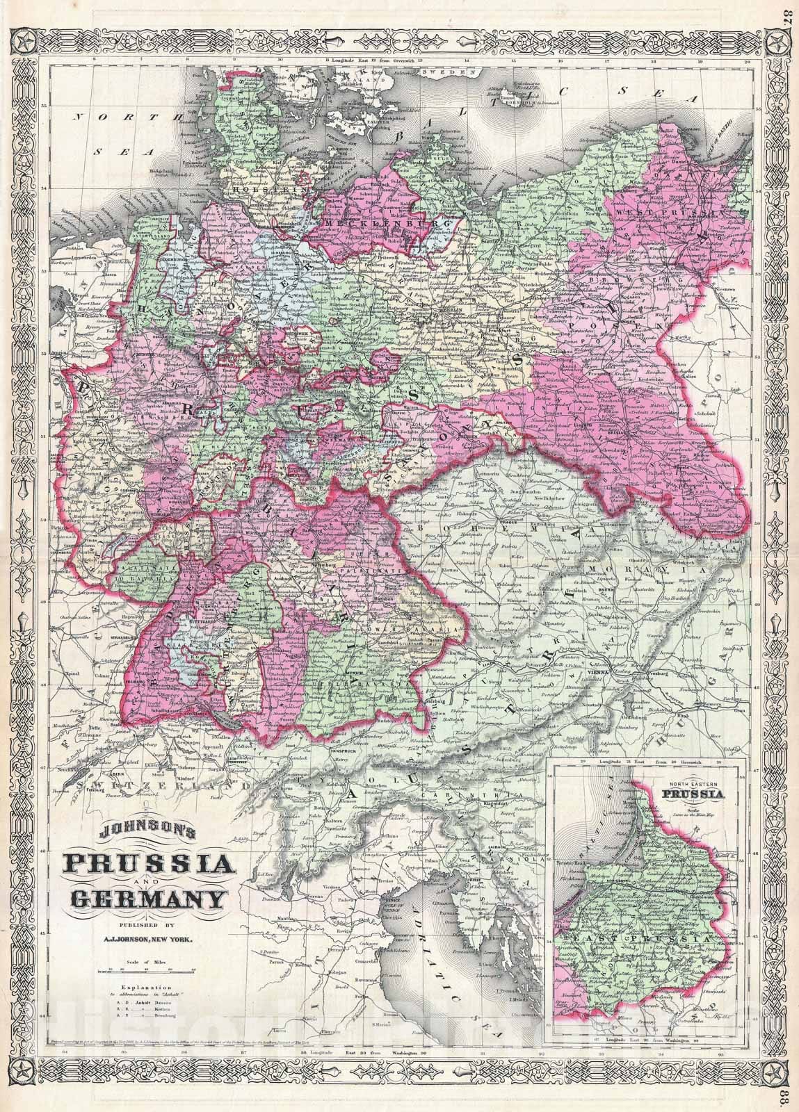 Historic Map : Prussia and Germany, Johnson, 1866, Vintage Wall Art