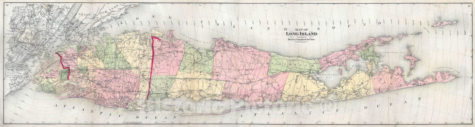 Historic Map : Long Island, New York, Beers, 1873, Vintage Wall Art