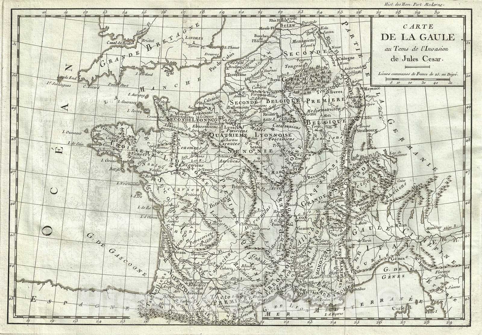 Historic Map : France during The Invasion of Julius Caesar, Delisle de Sales, 1782, Vintage Wall Art