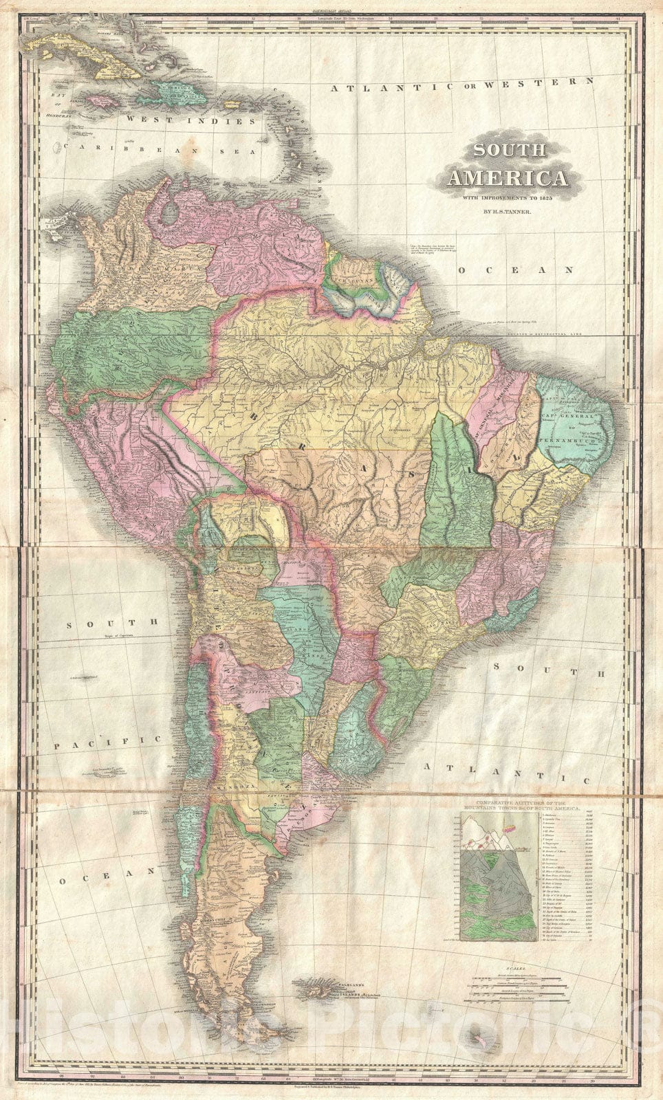 Historic Map : South America, Tanner, 1825, Vintage Wall Art