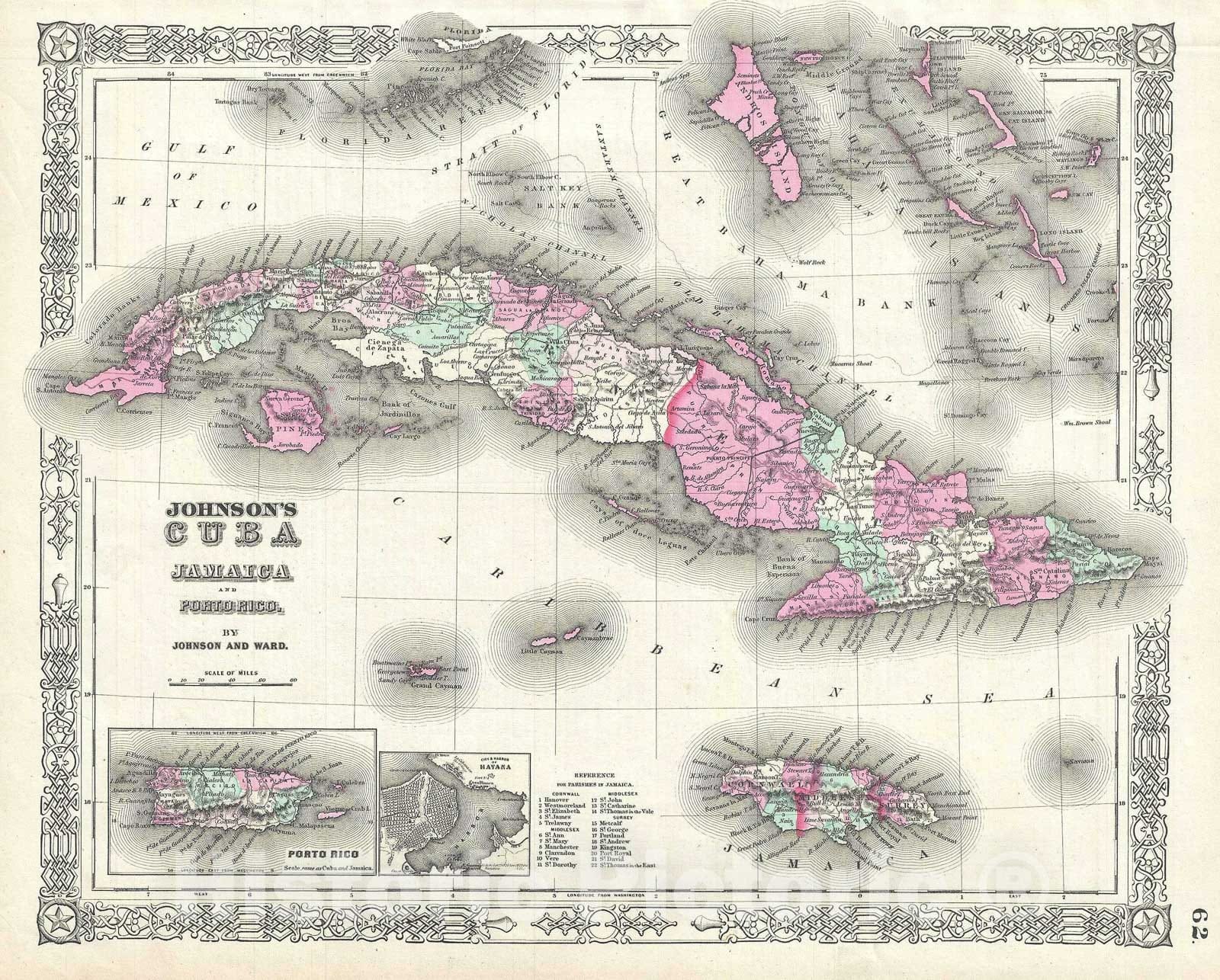 Historic Map : Cuba, Jamaica and Puerto Rico, Johnson, 1863, Vintage Wall Art
