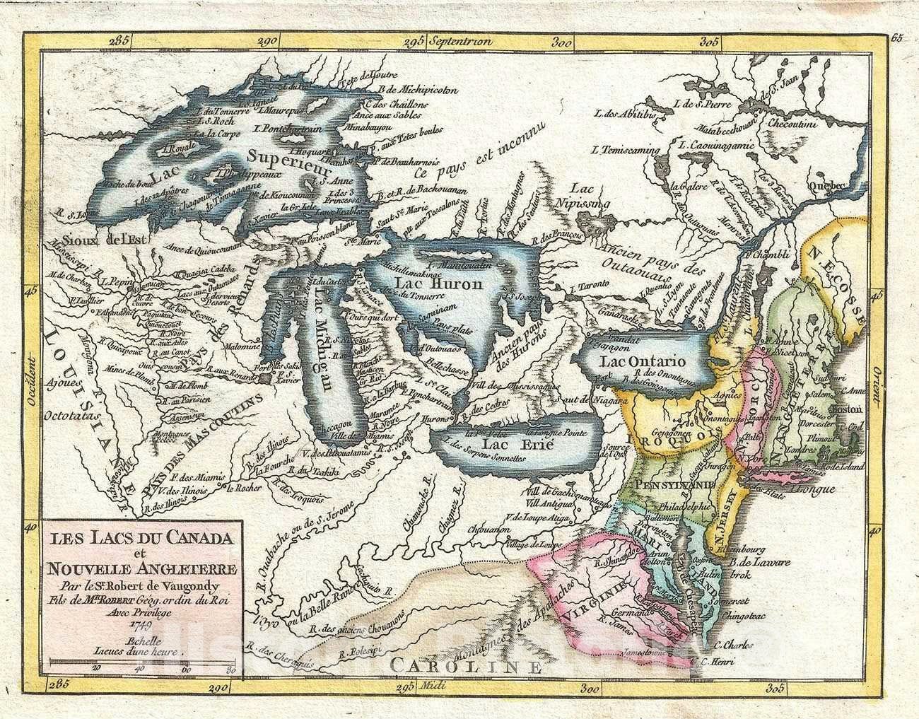 Historic Map : The Great Lakes and New England, Vaugondy, 1749, Vintage Wall Art