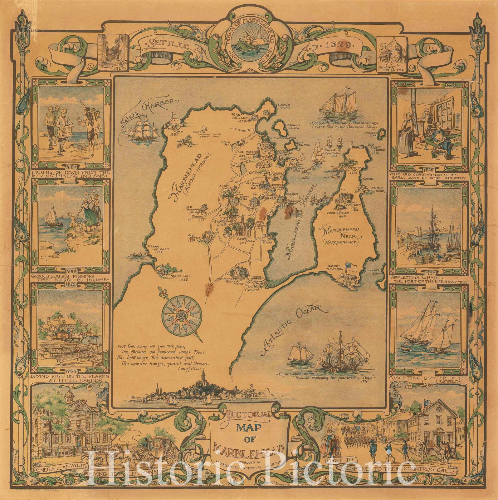 Historic Map : Pictorial Map of Marblehead, Massachusetts, Marian Brown, 1929, Vintage Wall Art
