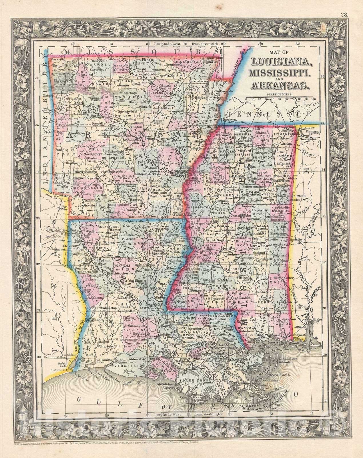 Historic Map : Arkansas, Louisiana, and Mississippi, Mitchell, 1861, Vintage Wall Art
