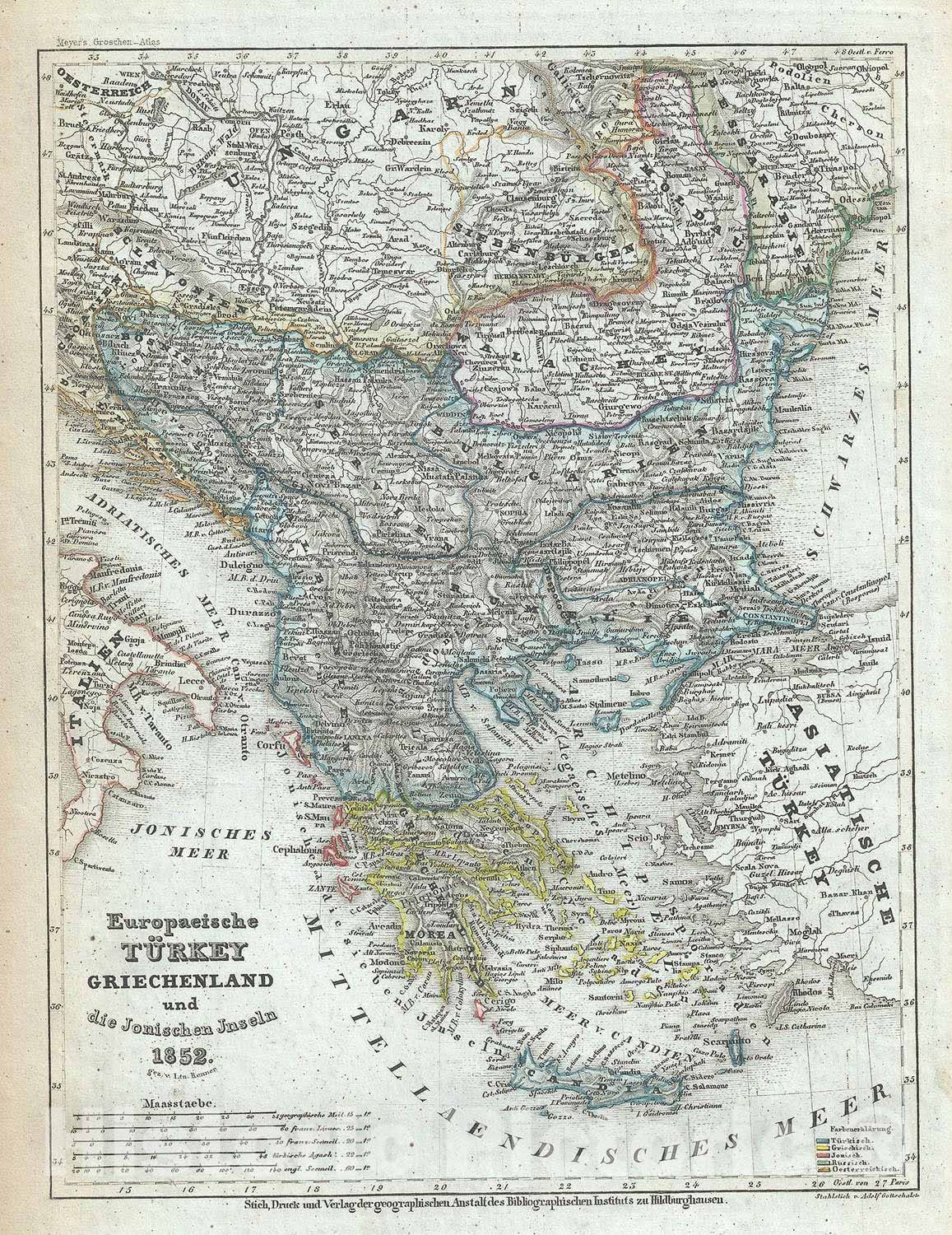 Historic Map : Turkey in Europe and Greece, Meyer, 1852, Vintage Wall Art