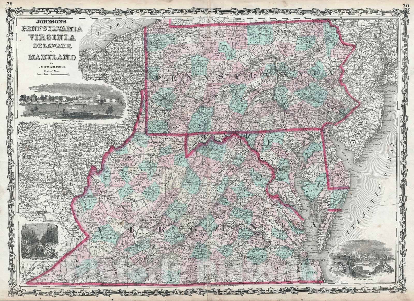 Historic Map : Pennsylvania, Virginia, Delaware and Maryland, Johnson, 1861, Vintage Wall Art