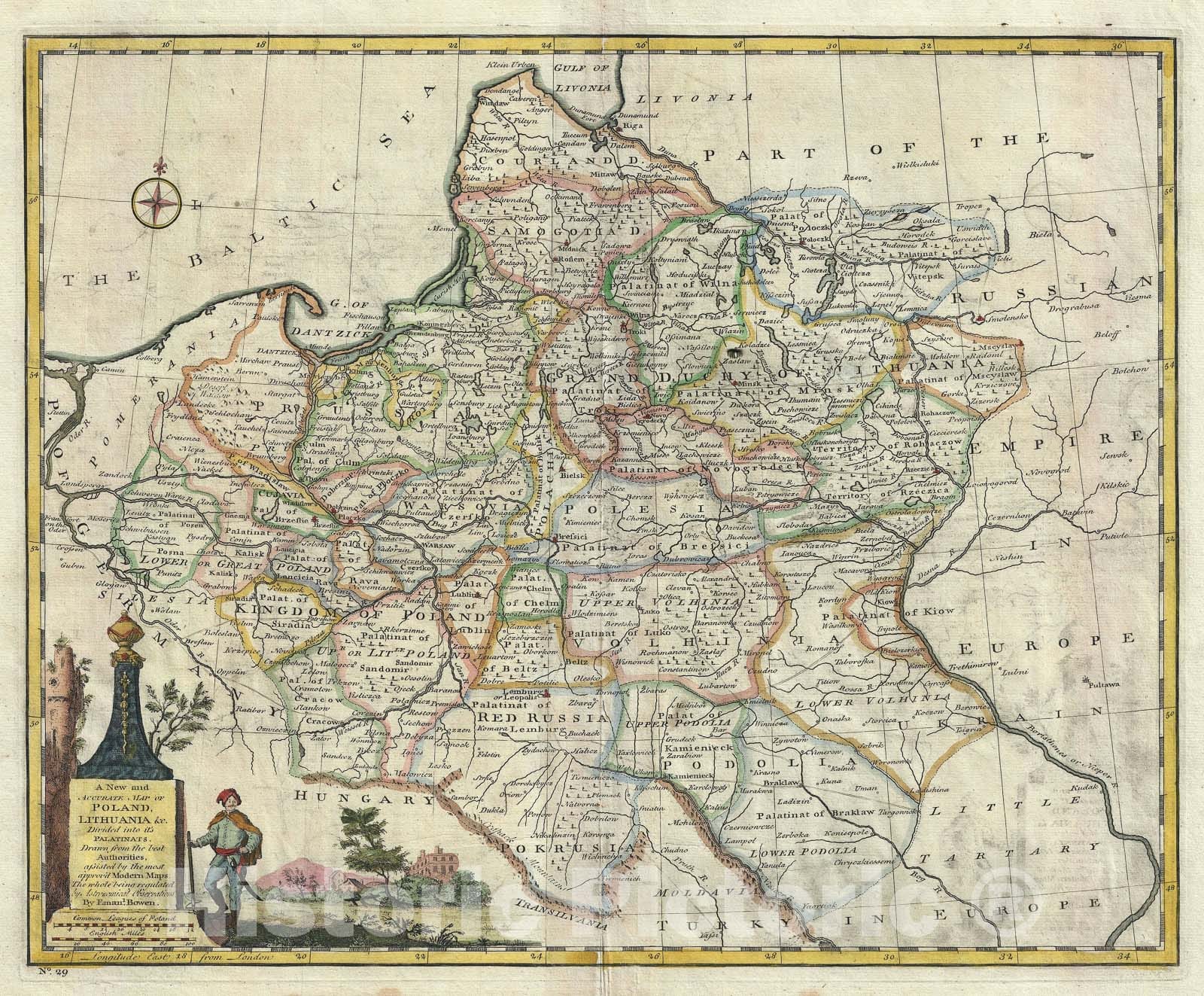 Historic Map : Poland and Lithuania, Bowen, 1747, Vintage Wall Art