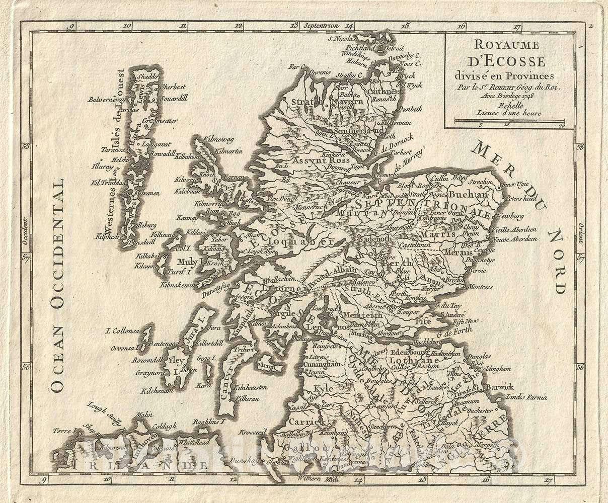 Historic Map : Scotland, Vaugondy, 1748, Vintage Wall Art