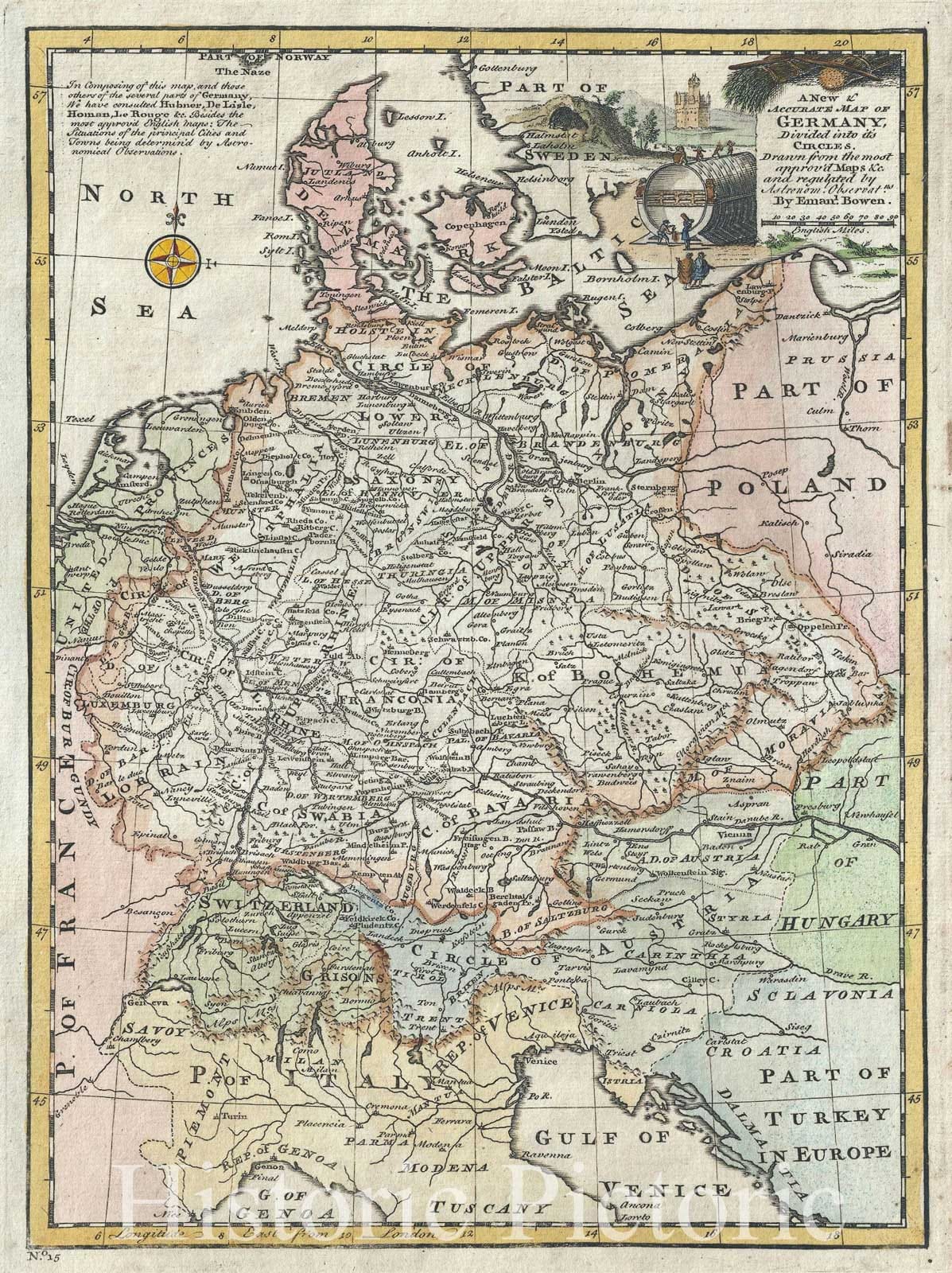 Historic Map : Germany, Austria, Switzerland, Bohemia and The United Provinces, Bowen, 1747, Vintage Wall Art