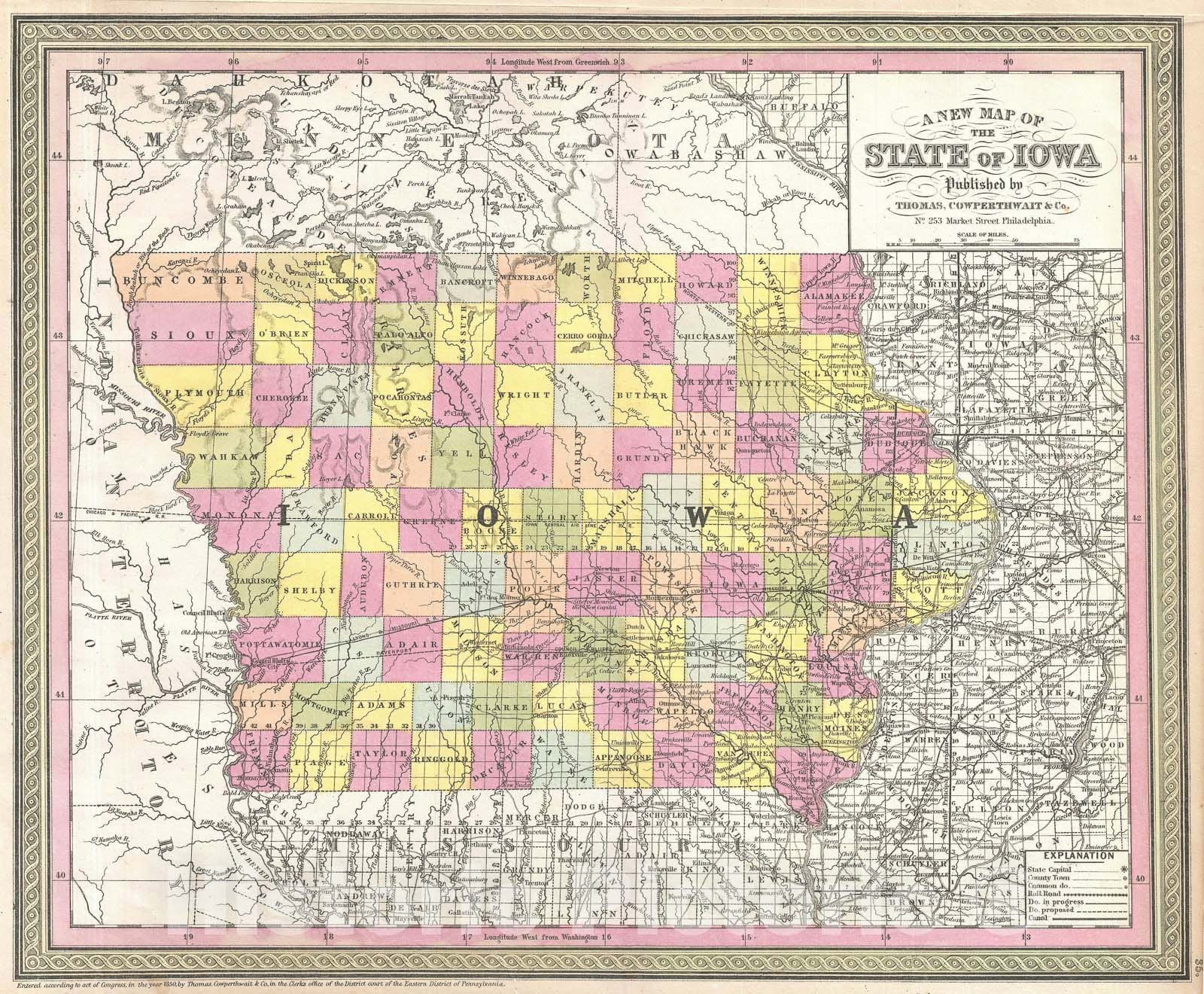 Historic Map : Iowa, Mitchell, 1854, Vintage Wall Art