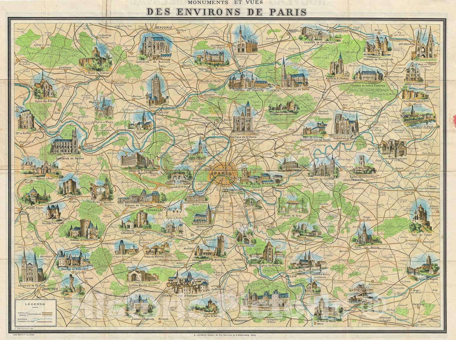 Historic Map : Leconte Pictorial Map of The Environs of Paris, France, 1948, Vintage Wall Art