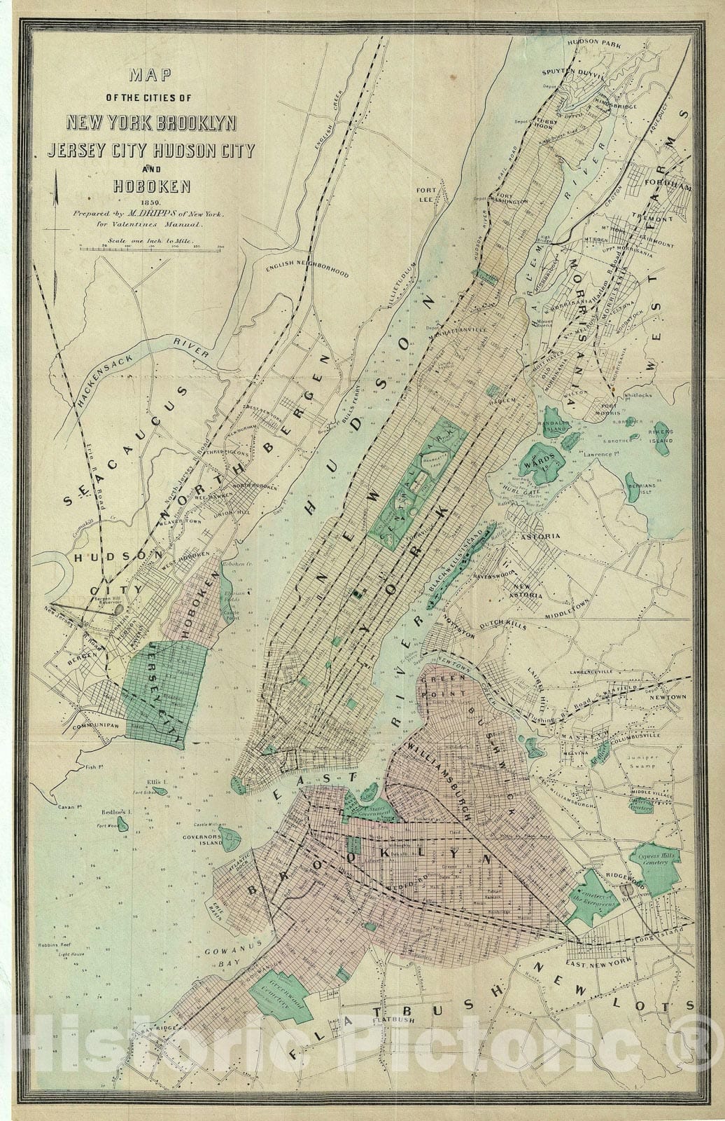 Historic Map : New York, Brooklyn, Jersey City, Hudson City and Hoboken, Dripps, 1859, Vintage Wall Art