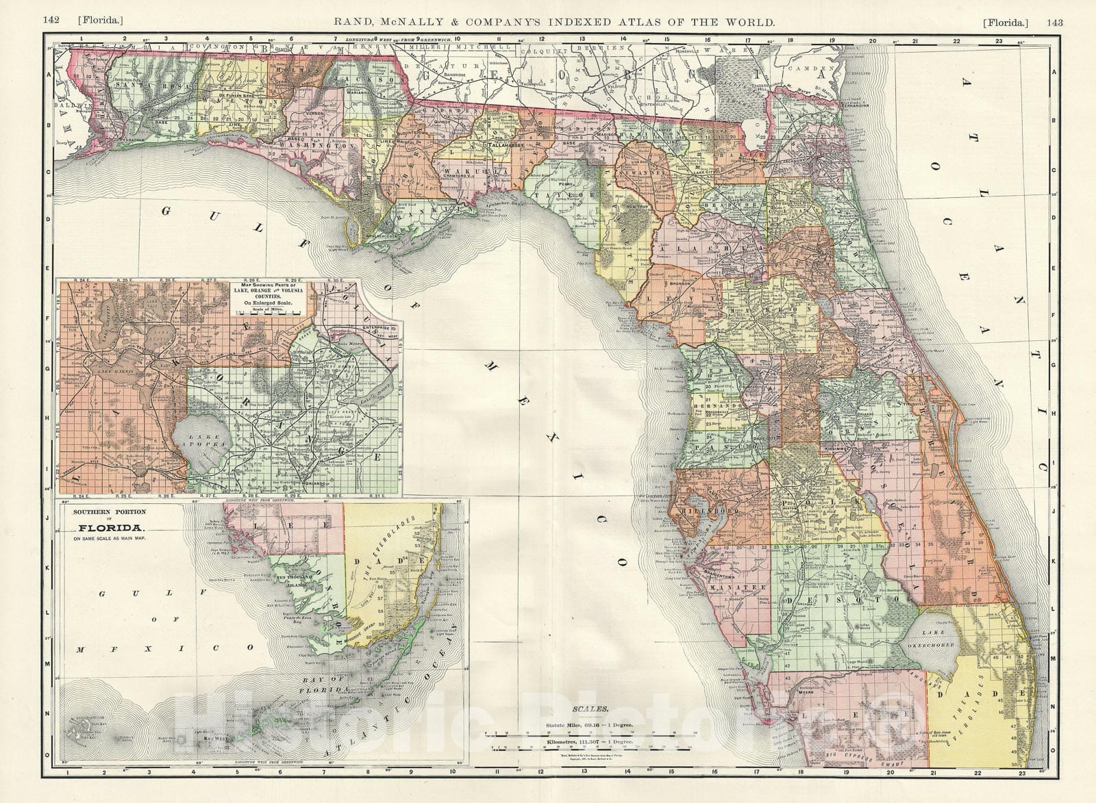Historic Map : Florida, Rand McNally, 1892, Vintage Wall Art