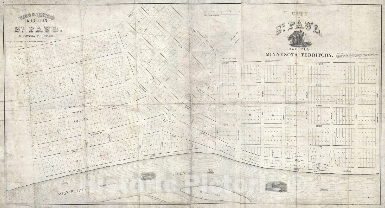 Historic Map : St. Paul "first Map of, Benjamin Brunson, 1849, Vintage Wall Art