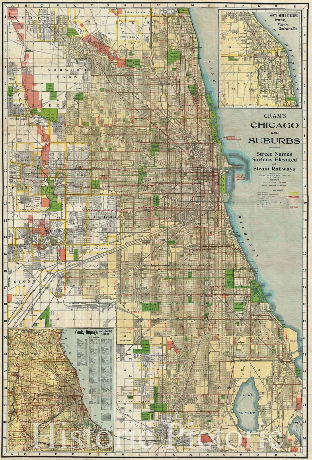 Historic Plan of Chicago, Illinois (IL), Cram, 1920 - Vintage Wall Art