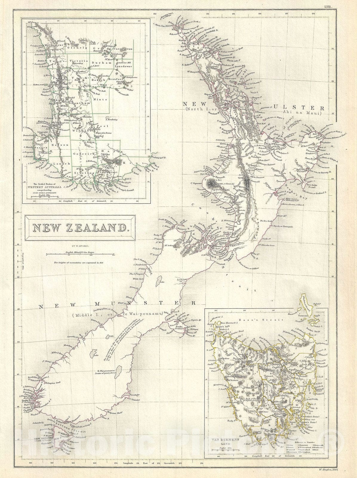 Historic Map : New Zealand, Black, 1844, Vintage Wall Art