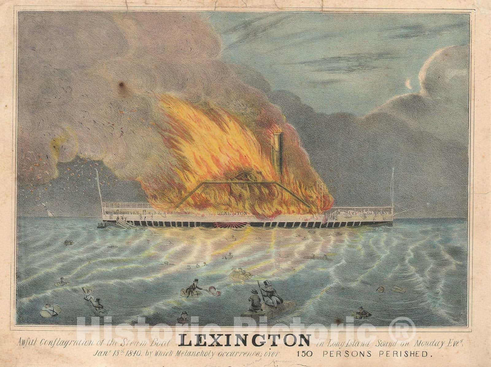 Historic Map : Burning of The Lexington, Long Island, New York, View of, 1840, Vintage Wall Art