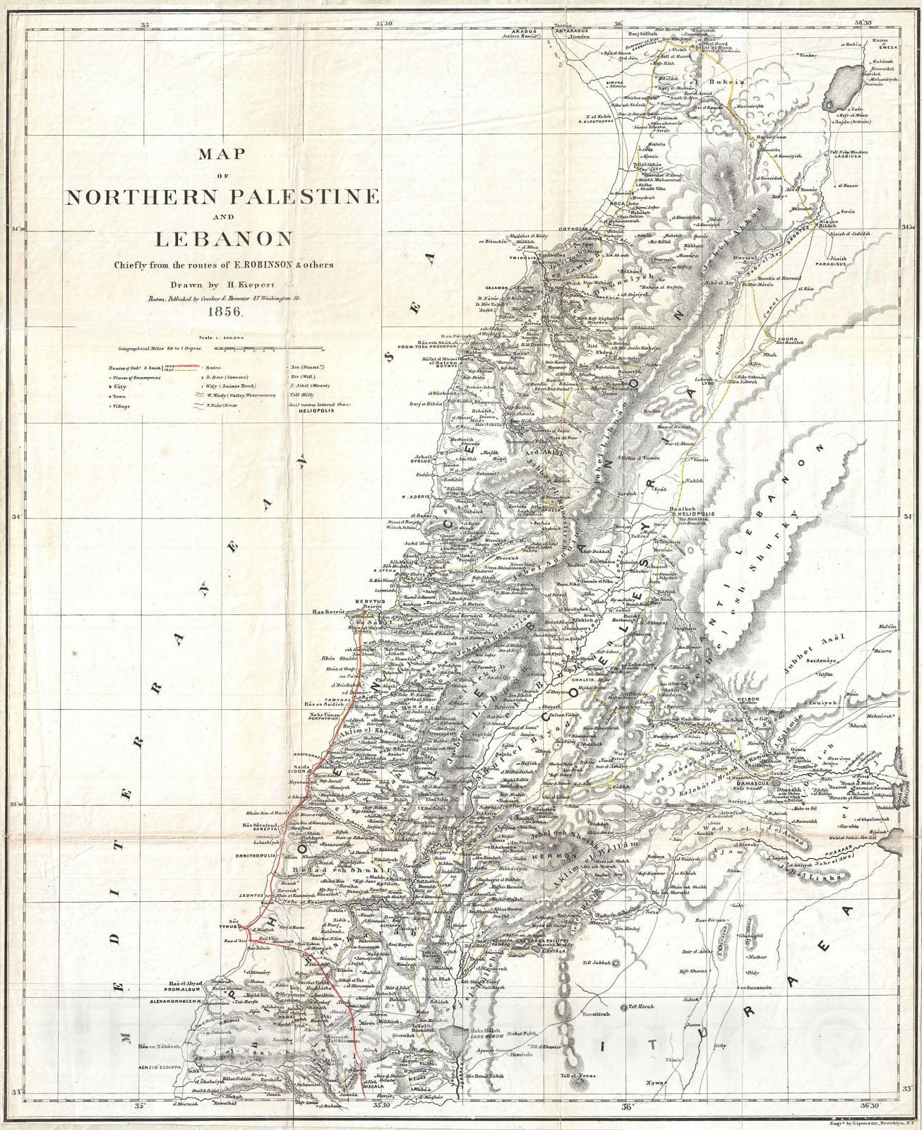 Historic Map : Lebanon, Kiepert, 1856, Vintage Wall Art