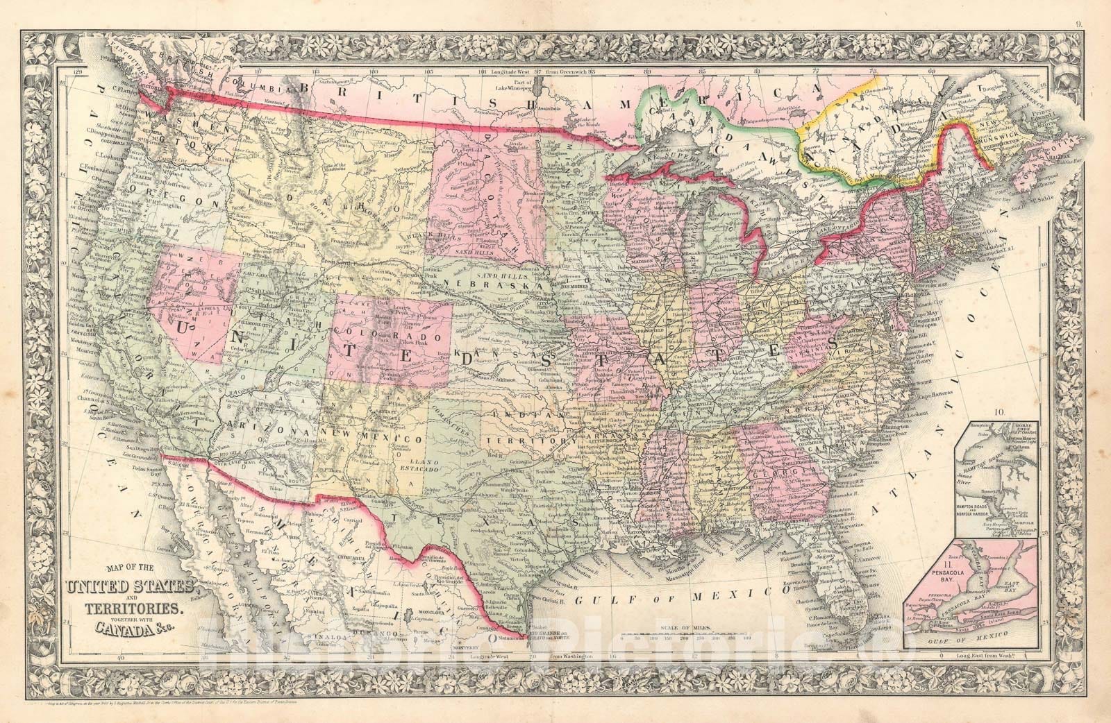 Historic Map : The United States, Mitchell, 1863, Vintage Wall Art