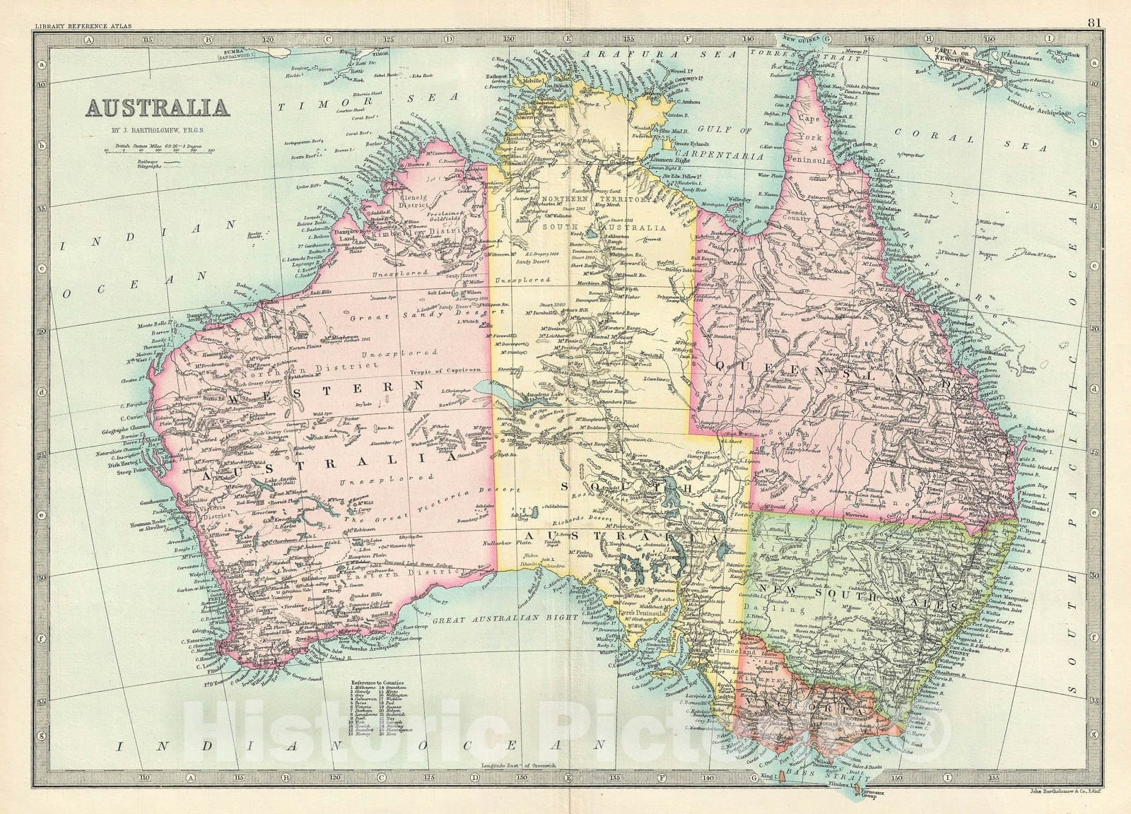 Historic Map : Australia, Bartholomew, 1890, Vintage Wall Art
