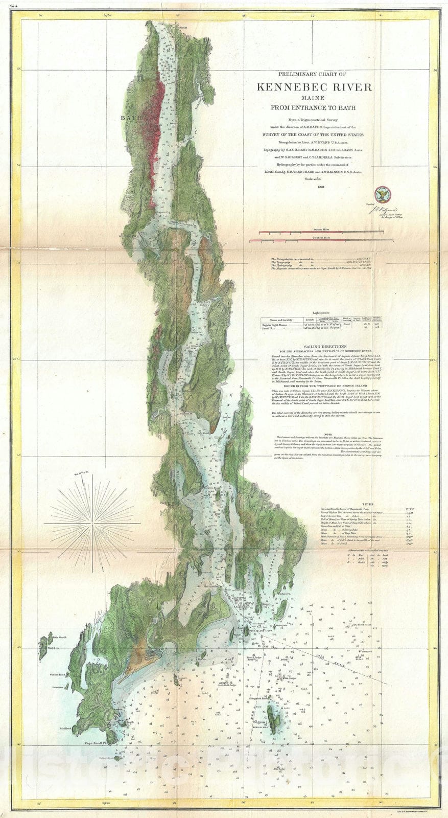 Historic Map : Nautical Chart The Kennebec River, Maine, U.S. Coast Survey, 1861, Vintage Wall Art