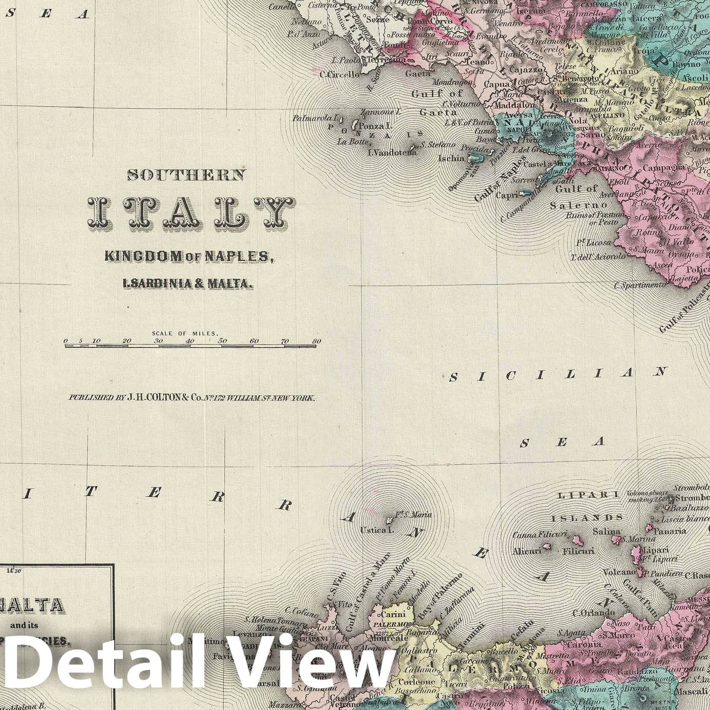 Historic Map : Southern Italy, Sicily, Sardinia and Malta, Colton, 1856, Vintage Wall Art