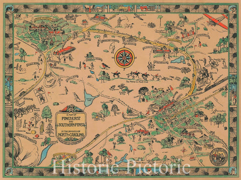 Historic Map : Fowler Pictorial Map of Pinehurst and Southern Pines, North Carolina, 1933, Vintage Wall Art